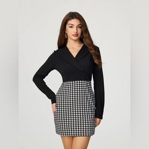 Black houndstooth L dress white mini long sleeve color block